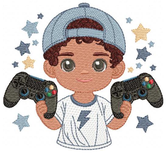 Boy with videogame embroidery designs - Baby Boy gamer with cap machine embroidery pattern - Instant digital download pes jef dst hus vp3