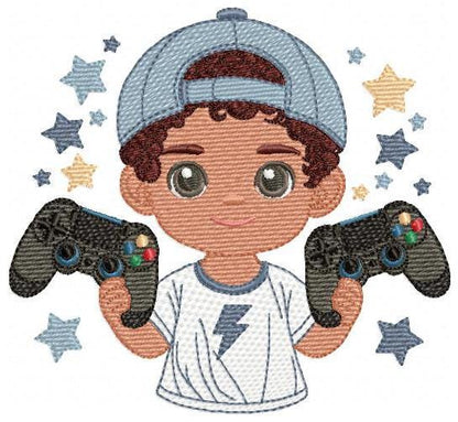 Boy with videogame embroidery designs - Baby Boy gamer with cap machine embroidery pattern - Instant digital download pes jef dst hus vp3