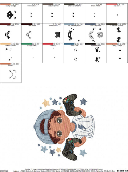 Boy with videogame embroidery designs - Baby Boy gamer with cap machine embroidery pattern - Instant digital download pes jef dst hus vp3