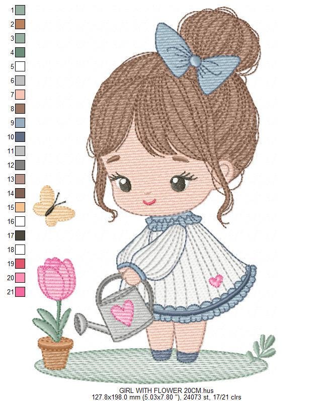 Baby girl embroidery designs - Girl with flower and butterfly machine embroidery pattern - Princess file - Instant digital download pes jef