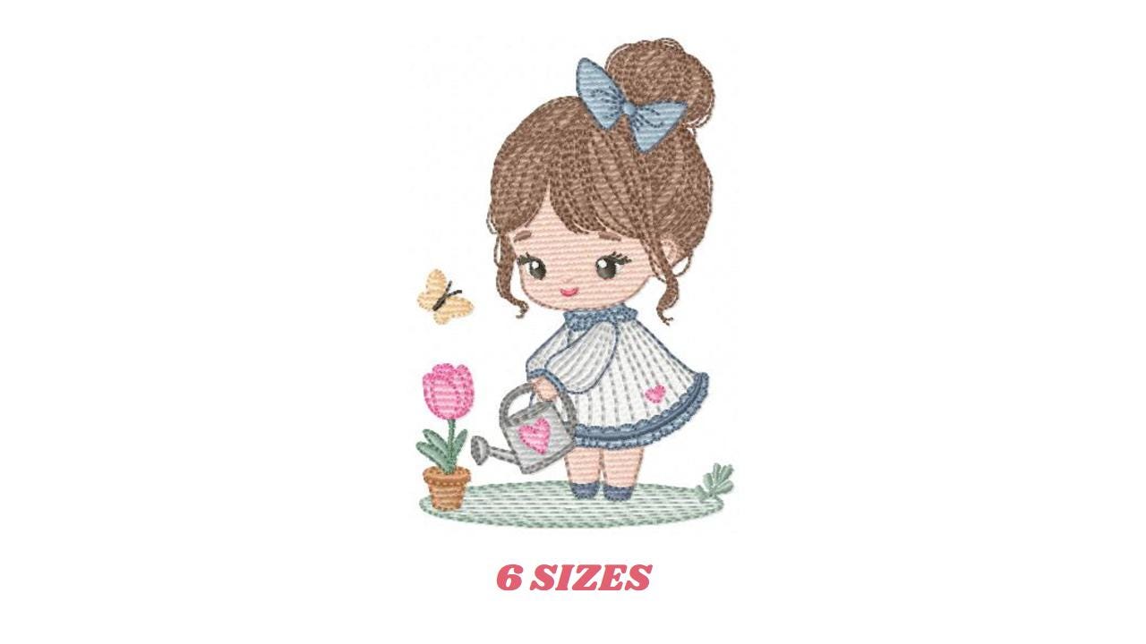 Baby girl embroidery designs - Girl with flower and butterfly machine embroidery pattern - Princess file - Instant digital download pes jef