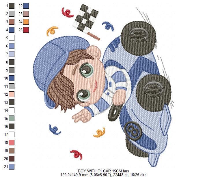 Baby Boy with F1 car embroidery designs - Toddler playing machine embroidery pattern - Boy with cap - Instant digital download pes jef dst