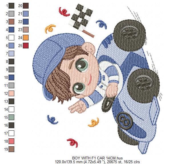 Baby Boy with F1 car embroidery designs - Toddler playing machine embroidery pattern - Boy with cap - Instant digital download pes jef dst