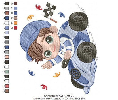 Baby Boy with F1 car embroidery designs - Toddler playing machine embroidery pattern - Boy with cap - Instant digital download pes jef dst