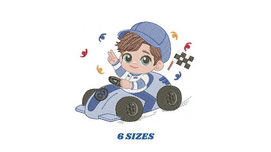 Baby Boy with F1 car embroidery designs - Toddler playing machine embroidery pattern - Boy with cap - Instant digital download pes jef dst
