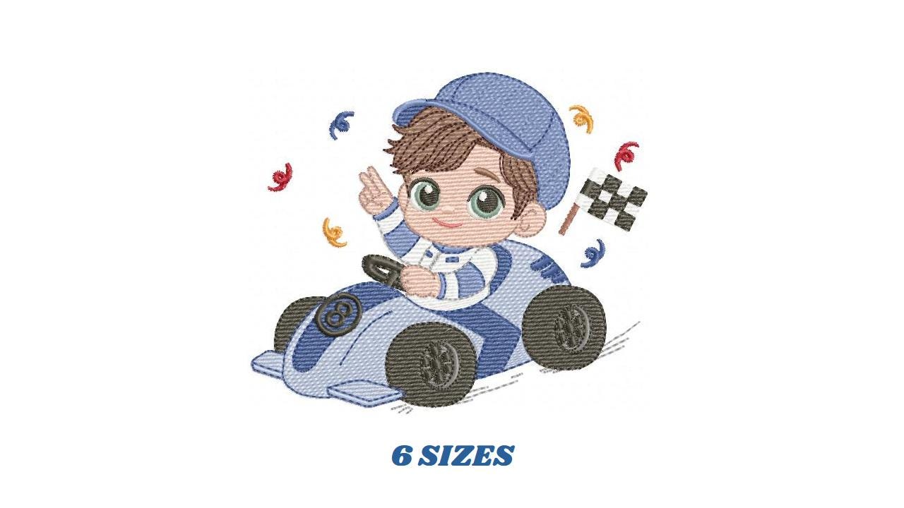 Baby Boy with F1 car embroidery designs - Toddler playing machine embroidery pattern - Boy with cap - Instant digital download pes jef dst