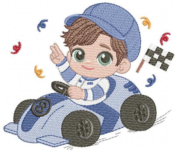 Baby Boy with F1 car embroidery designs - Toddler playing machine embroidery pattern - Boy with cap - Instant digital download pes jef dst