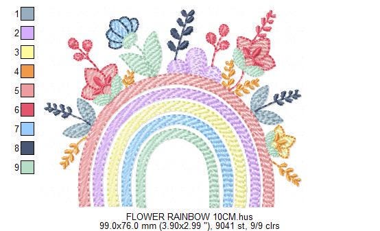 Rainbow with flowers embroidery design - Colorful Rainbow garden machine embroidery pattern - Instant digital download pes jef dst hus vp3