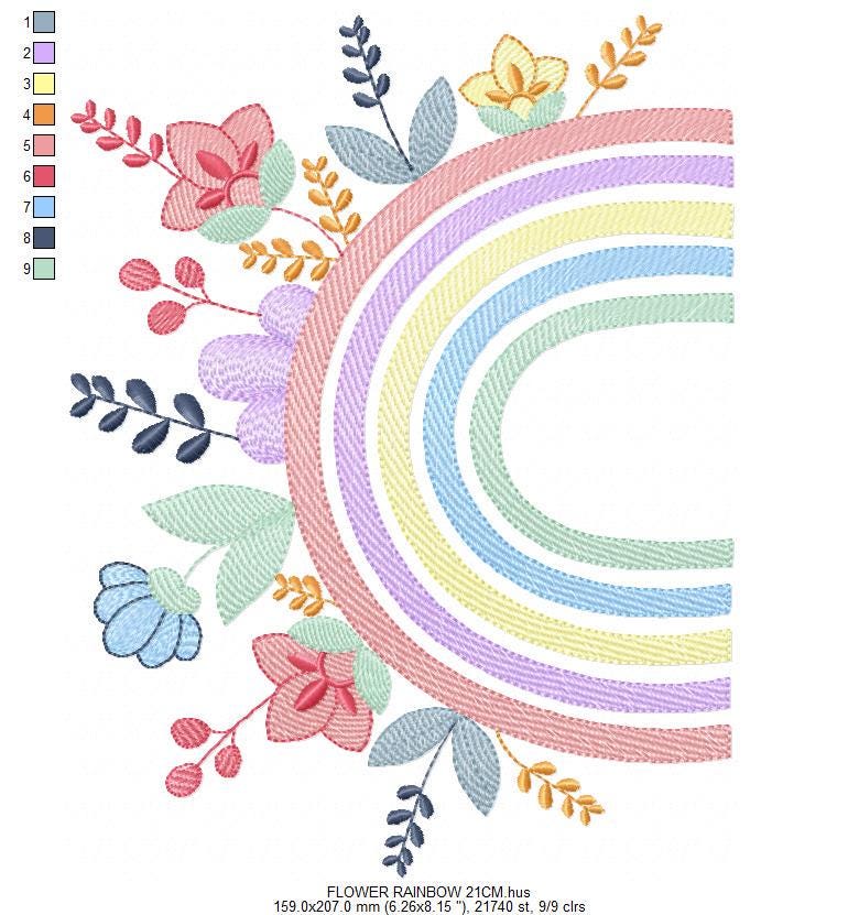 Rainbow with flowers embroidery design - Colorful Rainbow garden machine embroidery pattern - Instant digital download pes jef dst hus vp3