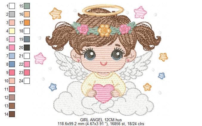 Angel with wings embroidery designs - Angelic Baby girl with cloud machine embroidery pattern - Girl with wings - Instant download pes jef