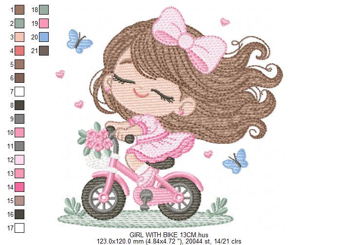 Girl with bike embroidery designs - Baby Girl with long hair machine embroidery pattern - Scooter file - Instant digital download pes jef