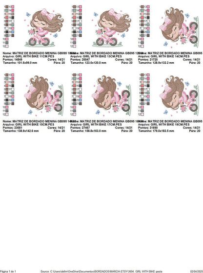 Girl with bike embroidery designs - Baby Girl with long hair machine embroidery pattern - Scooter file - Instant digital download pes jef