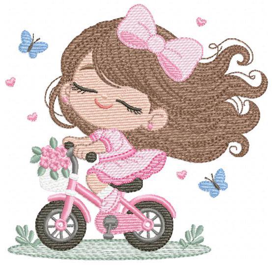 Girl with bike embroidery designs - Baby Girl with long hair machine embroidery pattern - Scooter file - Instant digital download pes jef