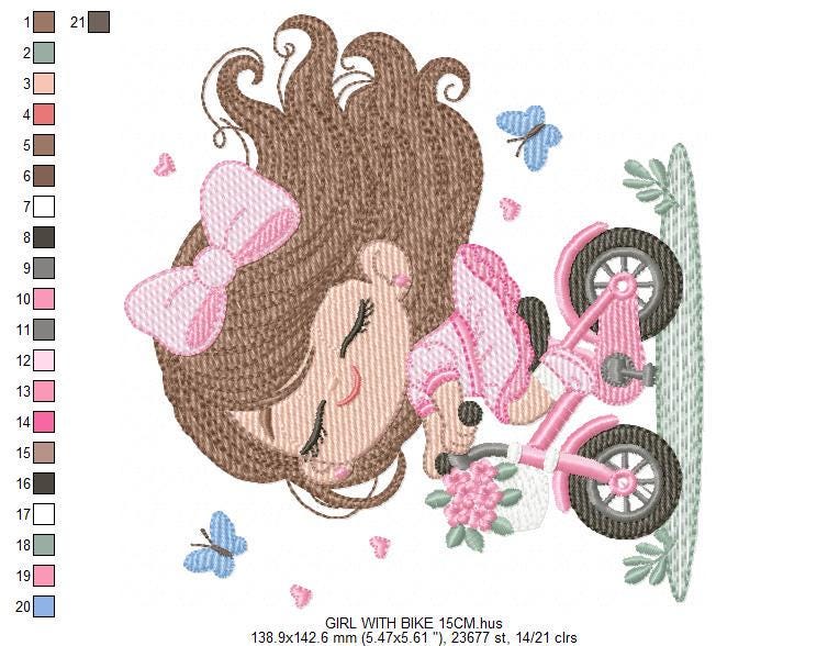 Girl with bike embroidery designs - Baby Girl with long hair machine embroidery pattern - Scooter file - Instant digital download pes jef