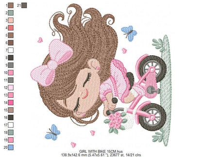 Girl with bike embroidery designs - Baby Girl with long hair machine embroidery pattern - Scooter file - Instant digital download pes jef