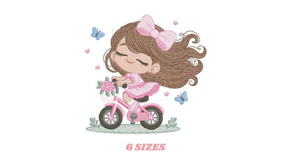 Girl with bike embroidery designs - Baby Girl with long hair machine embroidery pattern - Scooter file - Instant digital download pes jef