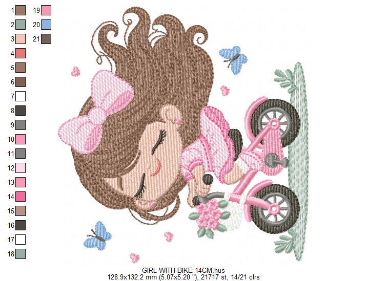 Girl with bike embroidery designs - Baby Girl with long hair machine embroidery pattern - Scooter file - Instant digital download pes jef