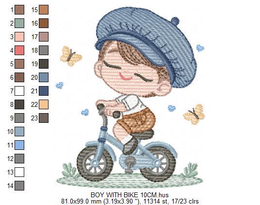 Boy with bike embroidery designs - Baby Boy with beret hat machine embroidery pattern - Bicycle cyclist Biker - Instant digital download