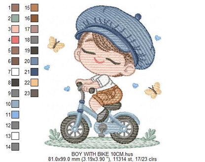 Boy with bike embroidery designs - Baby Boy with beret hat machine embroidery pattern - Bicycle cyclist Biker - Instant digital download