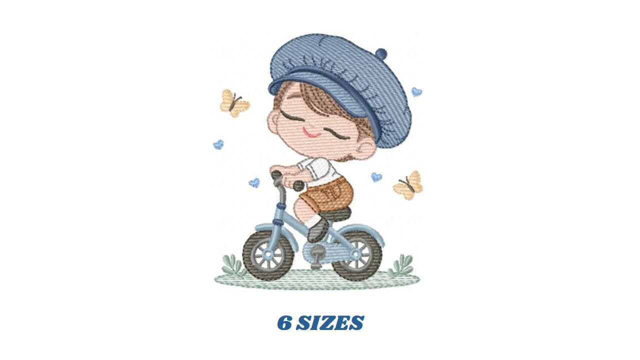 Boy with bike embroidery designs - Baby Boy with beret hat machine embroidery pattern - Bicycle cyclist Biker - Instant digital download
