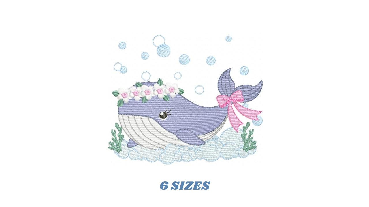 Whale embroidery designs - Whale with flowers marine life machine embroidery pattern - Baby Girl Ocean animal file - Instant download pes