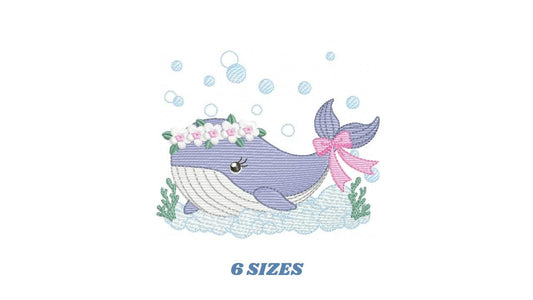 Whale embroidery designs - Whale with flowers marine life machine embroidery pattern - Baby Girl Ocean animal file - Instant download pes