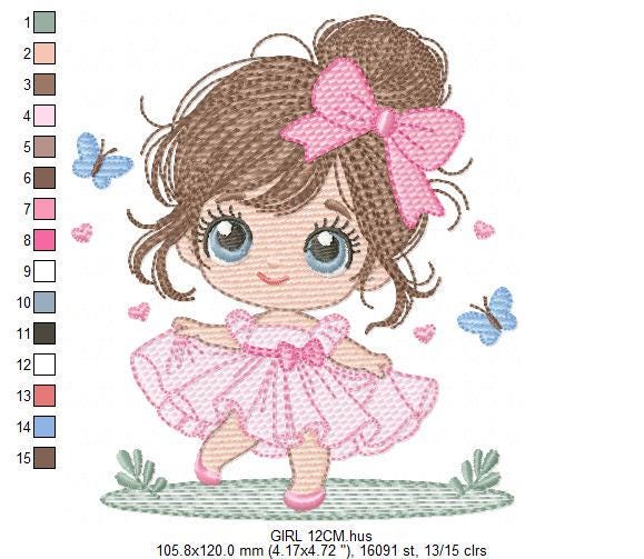 Young Girl with dress embroidery designs - Baby girl with long hair and bow machine embroidery pattern - Party dress file - Instant download