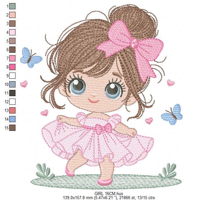Young Girl with dress embroidery designs - Baby girl with long hair and bow machine embroidery pattern - Party dress file - Instant download
