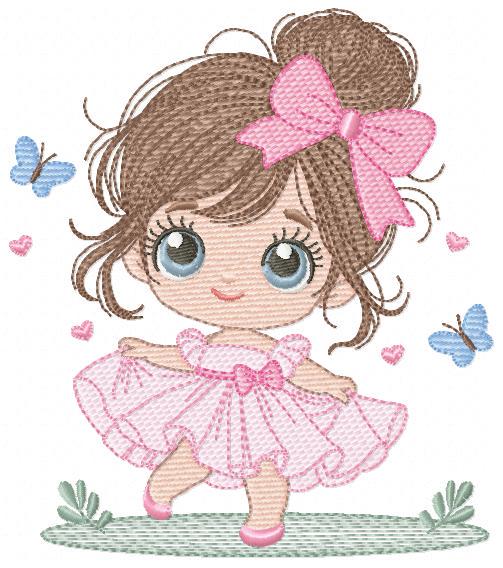 Young Girl with dress embroidery designs - Baby girl with long hair and bow machine embroidery pattern - Party dress file - Instant download