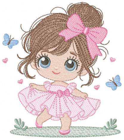 Young Girl with dress embroidery designs - Baby girl with long hair and bow machine embroidery pattern - Party dress file - Instant download