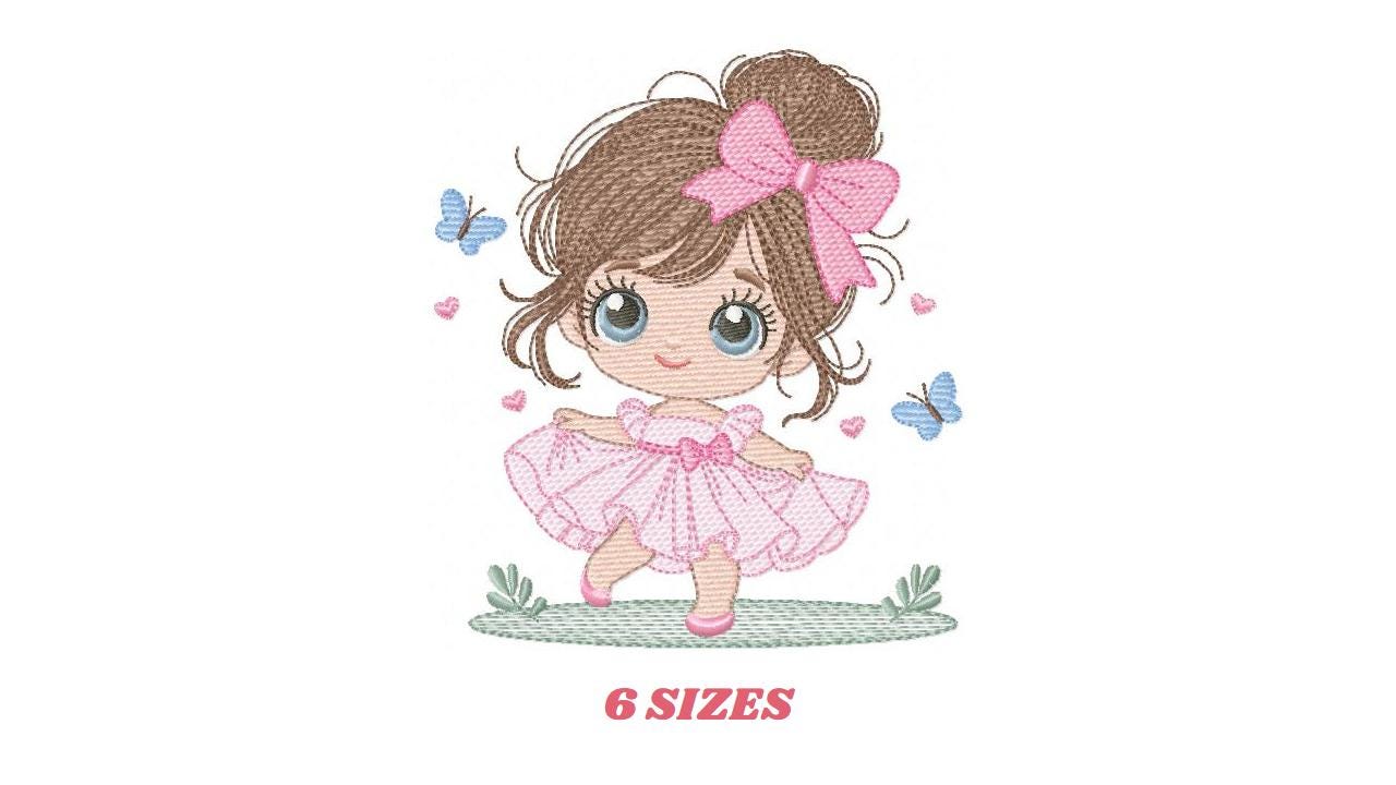 Young Girl with dress embroidery designs - Baby girl with long hair and bow machine embroidery pattern - Party dress file - Instant download