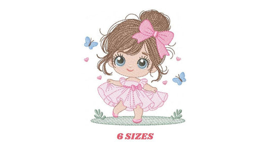 Young Girl with dress embroidery designs - Baby girl with long hair and bow machine embroidery pattern - Party dress file - Instant download
