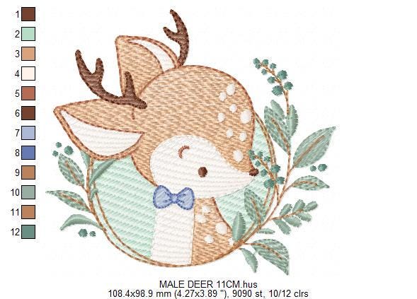 Deer embroidery design - Woodland animal with laurel frame machine embroidery pattern - Baby boy file - Instant digital download pes jef dst