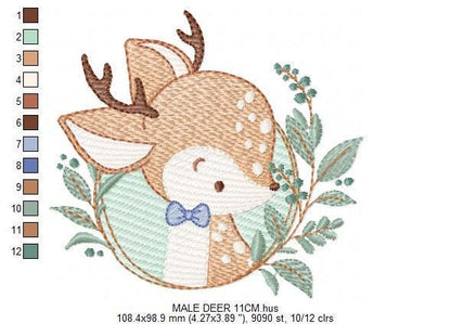 Deer embroidery design - Woodland animal with laurel frame machine embroidery pattern - Baby boy file - Instant digital download pes jef dst