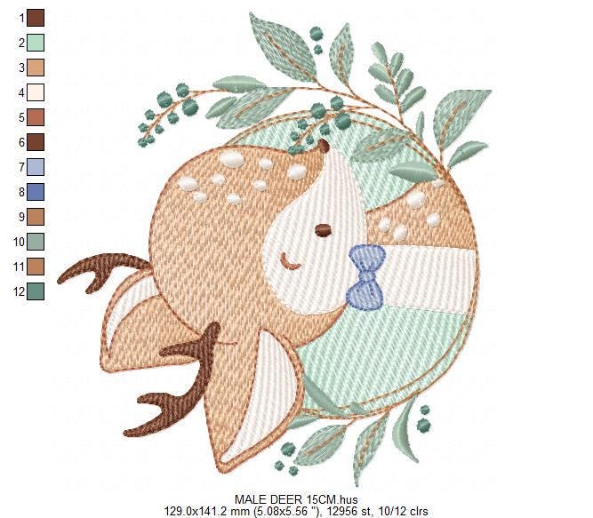 Deer embroidery design - Woodland animal with laurel frame machine embroidery pattern - Baby boy file - Instant digital download pes jef dst