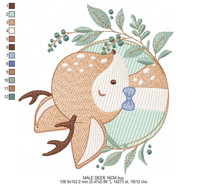 Deer embroidery design - Woodland animal with laurel frame machine embroidery pattern - Baby boy file - Instant digital download pes jef dst