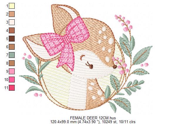 Deer embroidery design - Woodland animal with laurel frame machine embroidery pattern - Baby girl file - Instant digital download pes jef