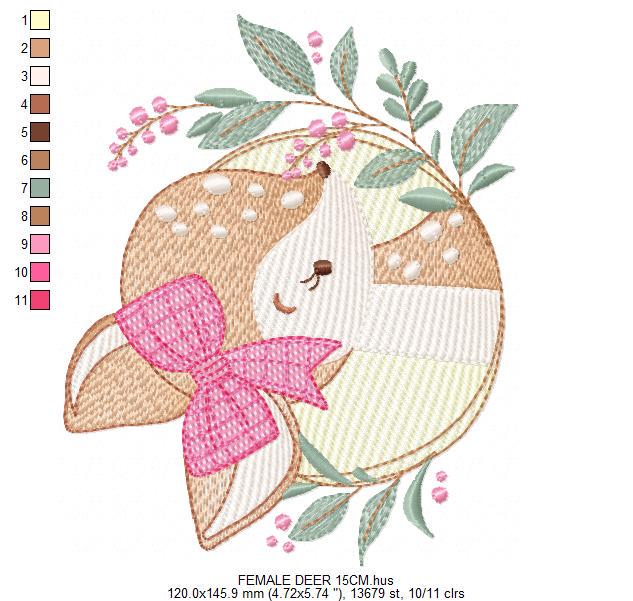 Deer embroidery design - Woodland animal with laurel frame machine embroidery pattern - Baby girl file - Instant digital download pes jef