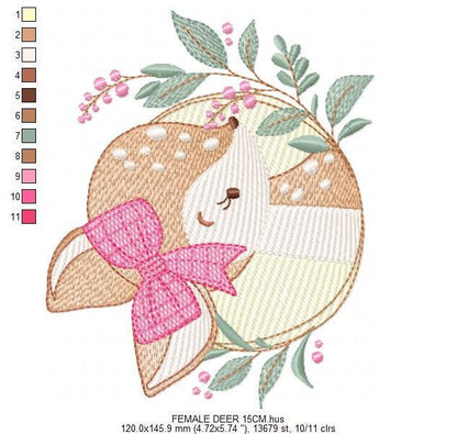 Deer embroidery design - Woodland animal with laurel frame machine embroidery pattern - Baby girl file - Instant digital download pes jef
