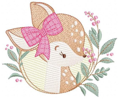Deer embroidery design - Woodland animal with laurel frame machine embroidery pattern - Baby girl file - Instant digital download pes jef