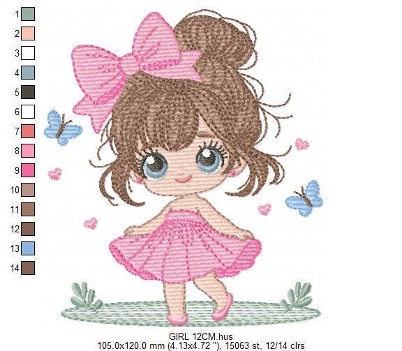 Young Girl with dress embroidery designs - Baby girl with lace machine embroidery pattern - Princes file - Instant digital download pes jef