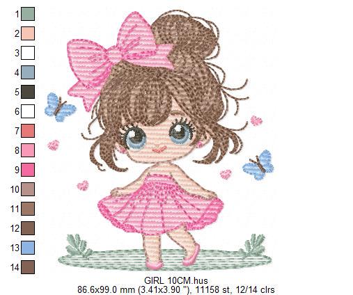 Young Girl with dress embroidery designs - Baby girl with lace machine embroidery pattern - Princes file - Instant digital download pes jef