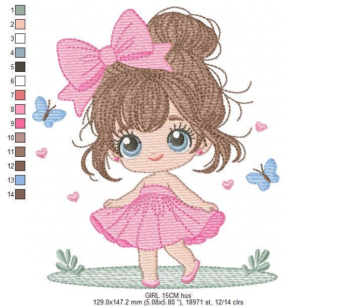 Young Girl with dress embroidery designs - Baby girl with lace machine embroidery pattern - Princes file - Instant digital download pes jef