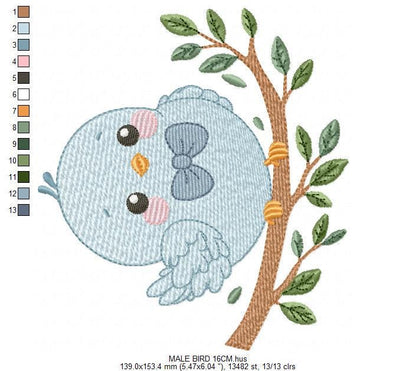 Bird embroidery designs - Baby boy bird with bow tie machine embroidery pattern - Spring Garden Nature - Instant download jef pes dst hus