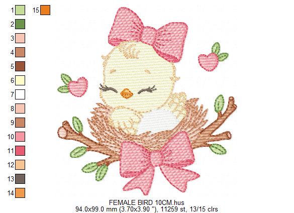 Bird embroidery designs - Baby Girl Bird with bow lace machine embroidery pattern - Spring Garden Nature file - Instant download jef pes dst