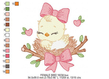 Bird embroidery designs - Baby Girl Bird with bow lace machine embroidery pattern - Spring Garden Nature file - Instant download jef pes dst