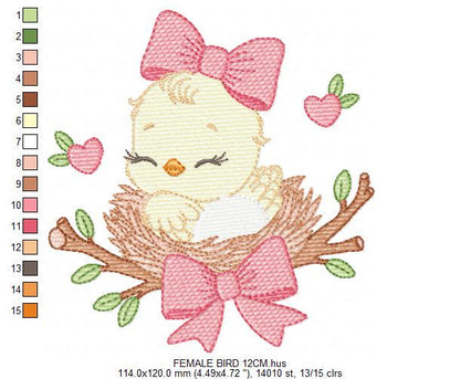 Bird embroidery designs - Baby Girl Bird with bow lace machine embroidery pattern - Spring Garden Nature file - Instant download jef pes dst