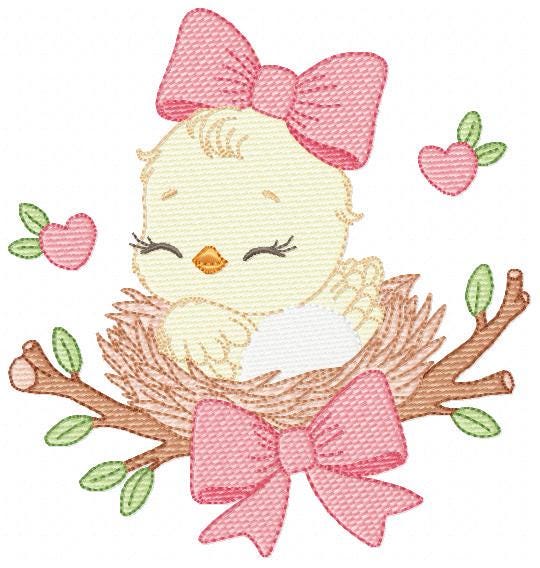 Bird embroidery designs - Baby Girl Bird with bow lace machine embroidery pattern - Spring Garden Nature file - Instant download jef pes dst