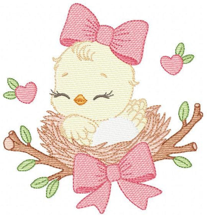 Bird embroidery designs - Baby Girl Bird with bow lace machine embroidery pattern - Spring Garden Nature file - Instant download jef pes dst