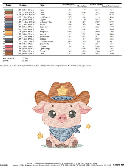 Pig embroidery design - Farm Animal Cowboy machine embroidery pattern - Baby boy file - Ranch Swine Piggy with hat - Instant download pes
